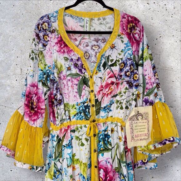 Aratta Silent Journey Ibiza Shirt Dress Medium White Floral Bell Sleeves Boho - Picture 16 of 16